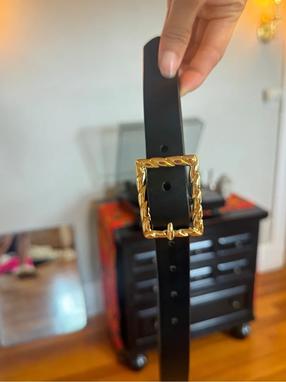 J.Crew Size Xs Black Leather Belt with Gold Rope-Frame Buckle